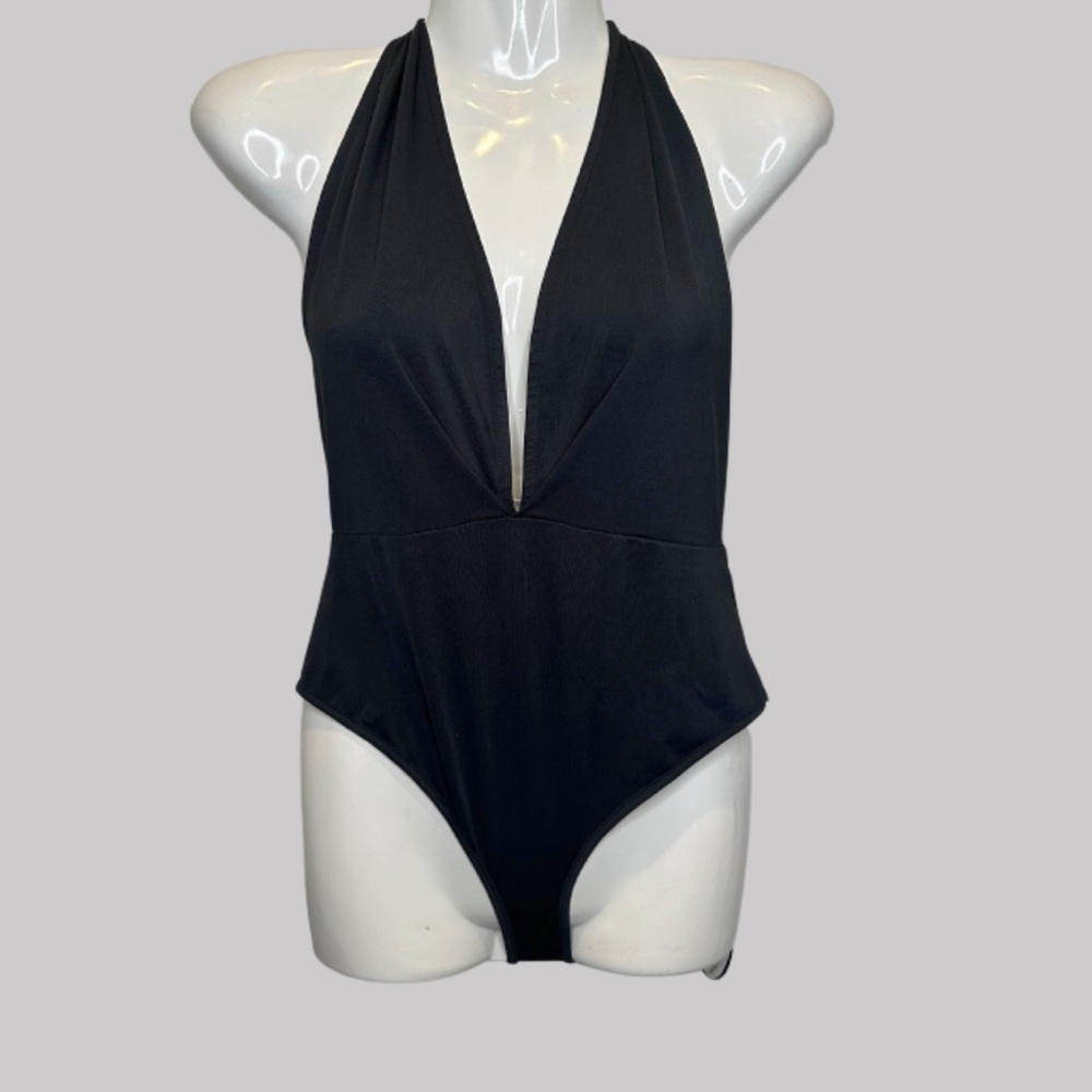 ZARA | Black Halter Deep Plunge Neck Bodysuit